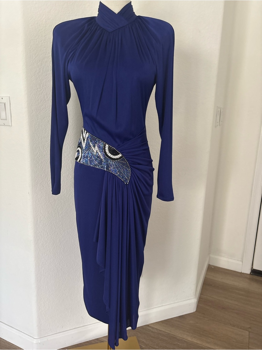 Royal Blue Long-Sleeve Draped Evening Dress with Beaded Waist Detail